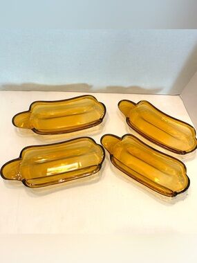 MCM Indiana Glass Amber Glass Banana Split Hot Dog Servers - Set of 4